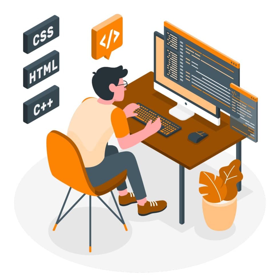 HTML- CSS-Java- vector devices-Online world-network-Site stats-boy standing in front of webpage-vector-image-Wordpress-Business-Website-Key Fox Solutions